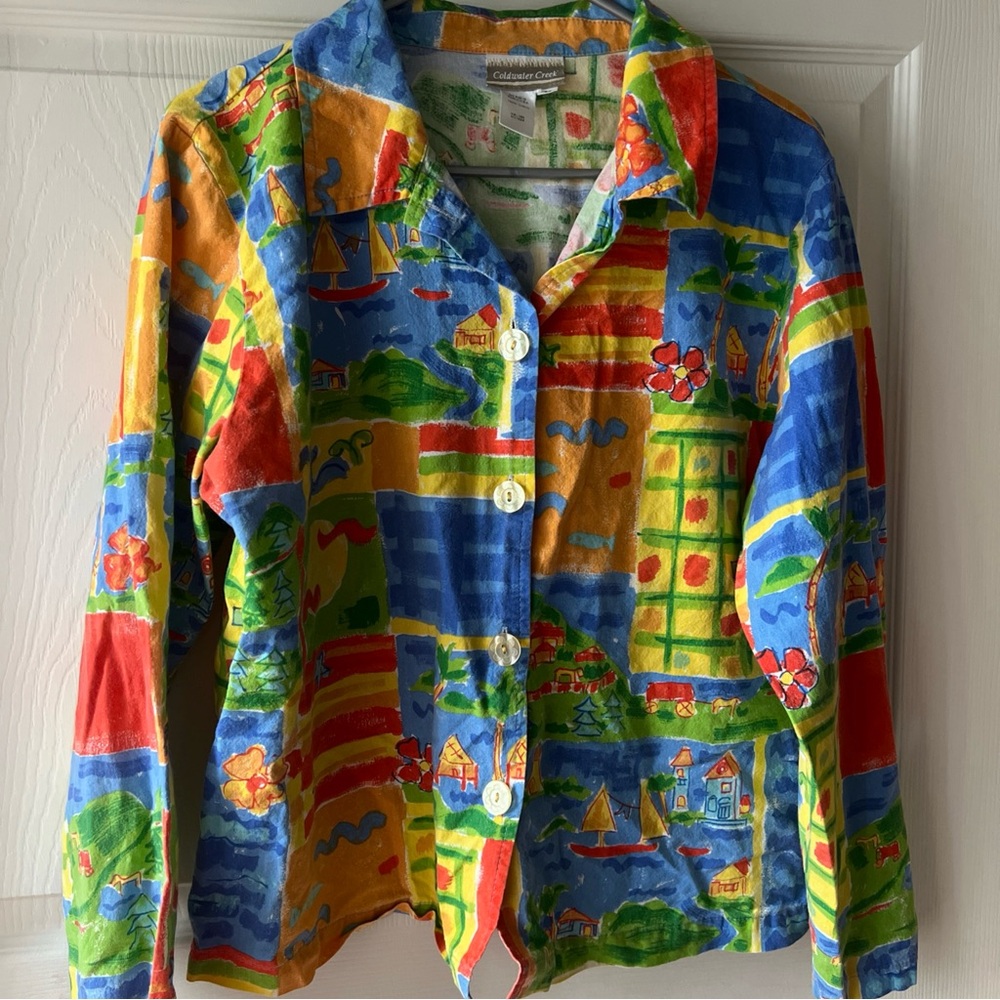Vintage Coldwater Creek Multi Color Novelty Print Button Up Shirt Made in USA L